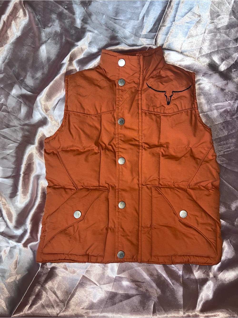 Cowboy Hardware Kids Quilted Vest with Longhorn Embroidery - Rust Orange
